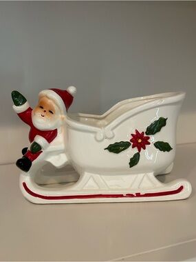 Vintage Relpo Festive Ceramic Santa Sleigh Christmas Planter 7943 Taiwan